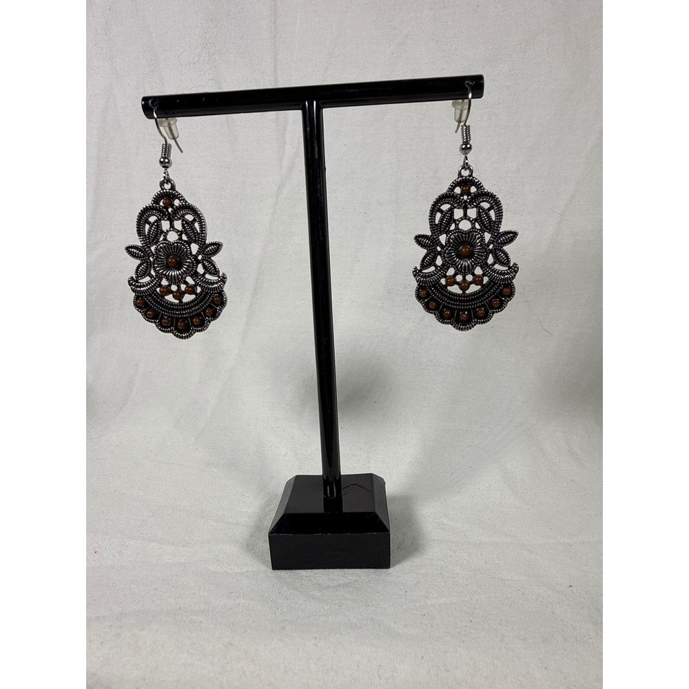 Silver Tone Boho Filigree Chandelier Drop Earrings with Brown Bead Accents